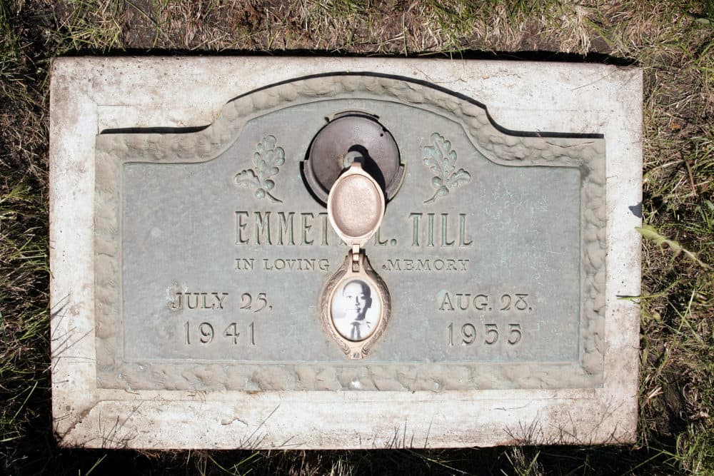 A plaque marks the gravesite of Emmett Till at Burr Oak Cemetery May 4, 2005 in Aslip, Illinois. (Scott Olson/Getty Images)