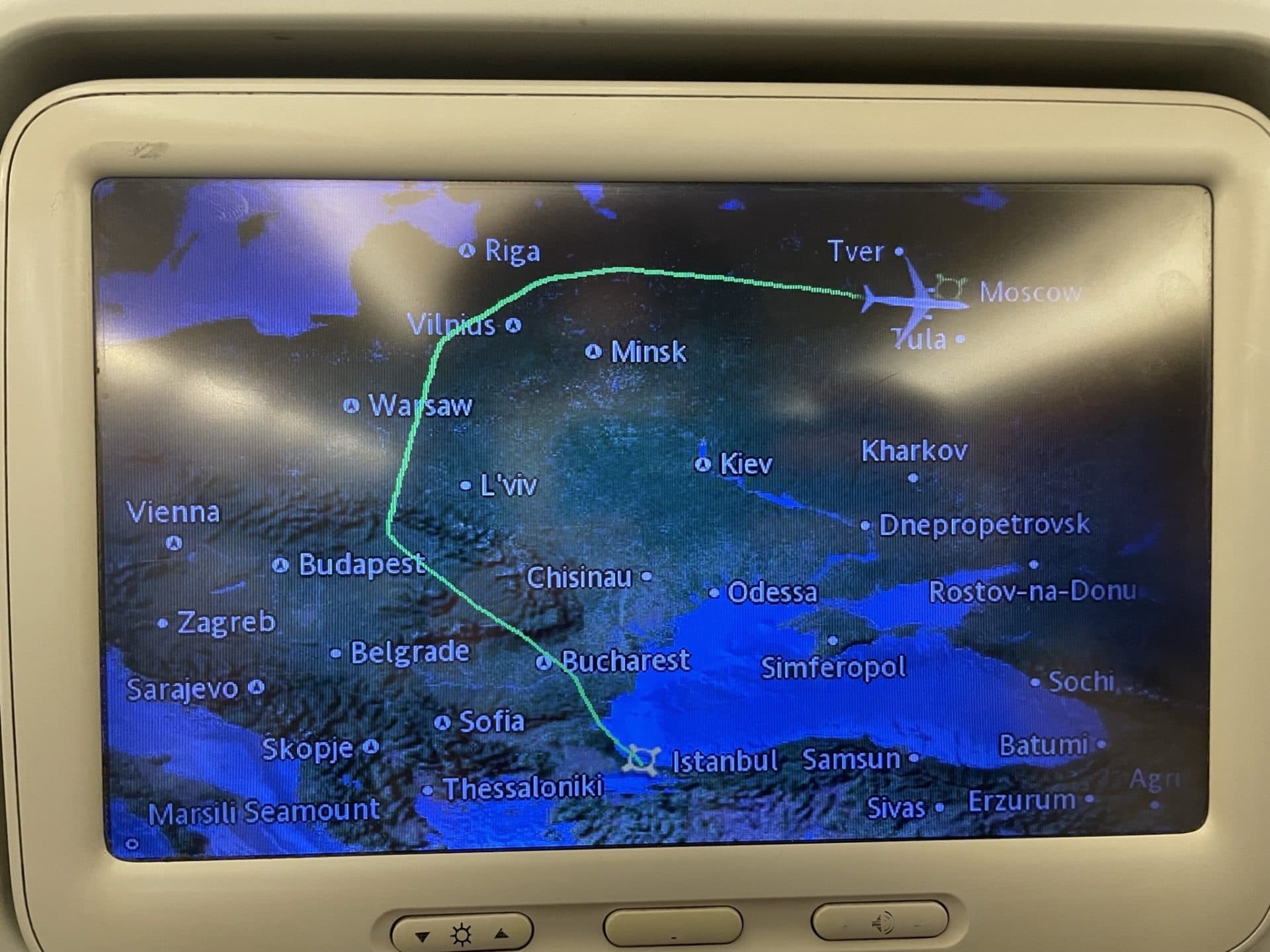 On the way from Istanbul to Moscow, Kronrod's seat-back monitor depicts his flight path foregoing the projected route straight to Moscow, instead routing around Ukraine, on the day Russia invaded the country. (Courtesy Yakov Kronrod)