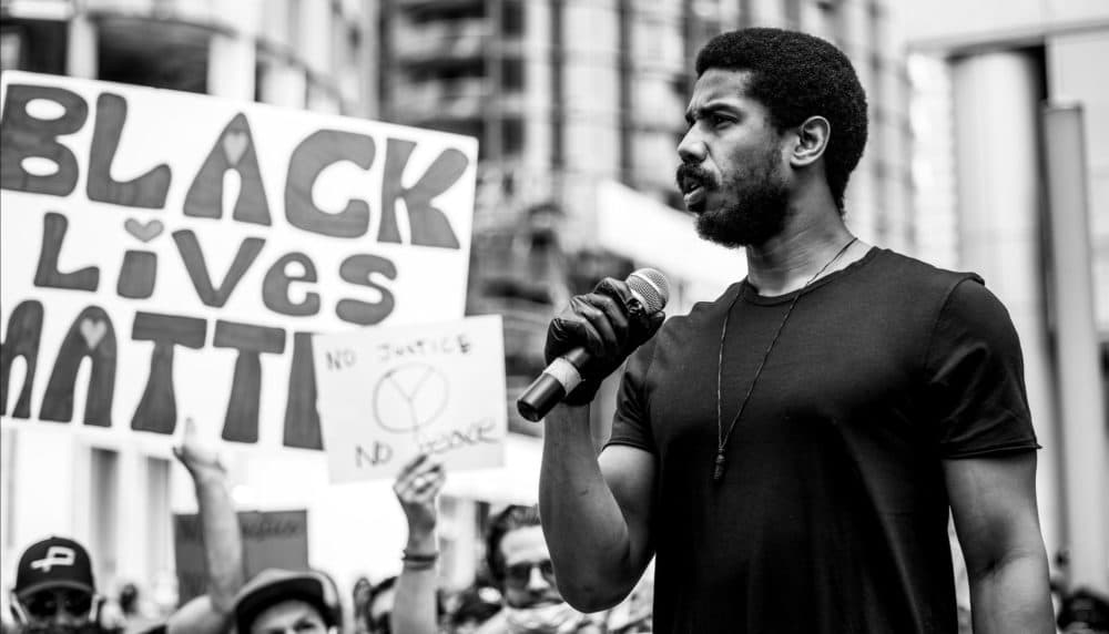 Michael B. Jordan speaks at a Black Lives Matter — Los Angeles protest in Century City, Calif., in 2020. (Tommy Oliver)