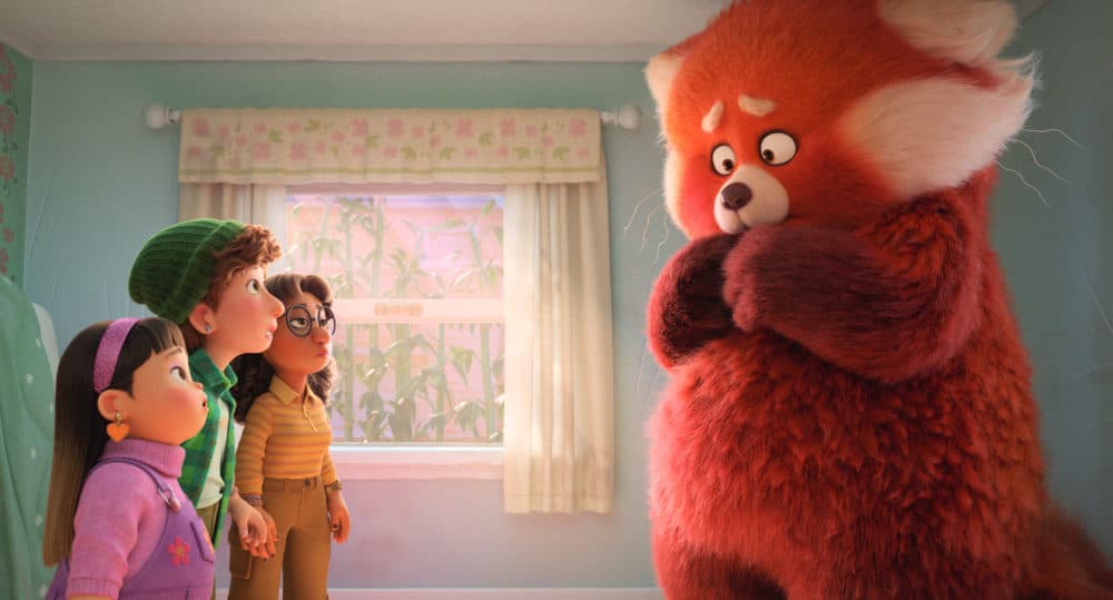 In Disney and Pixar’s all-new original feature film “Turning Red,” everything is going great for 13-year-old Mei — until she begins to “poof” into a giant panda when she gets too excited. Fortunately, her tightknit group of friends have her fantastically fluffy red panda back. (Disney/Pixar. All Rights Reserved.)