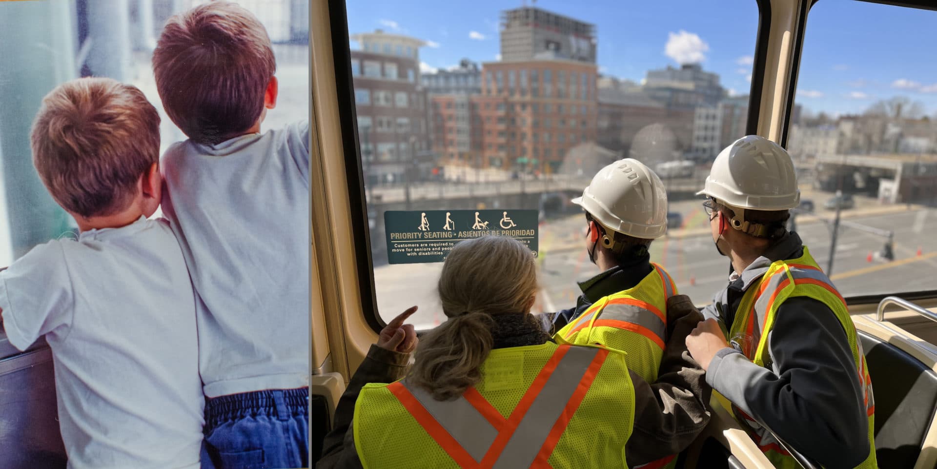 Sharon Brody's sons Jack and Campbell enjoy the view from out a Green Line trolley window, both as kids and, with their mom, as adults. (Composite image by Sharon Brody and Aimee Moon)