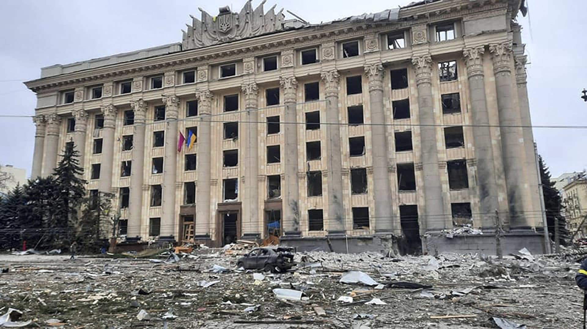 This handout photo released by Ukrainian Emergency Service shows a view of the damaged City Hall building in Kharkiv, Ukraine on March 1. (Ukrainian Emergency Service via AP)