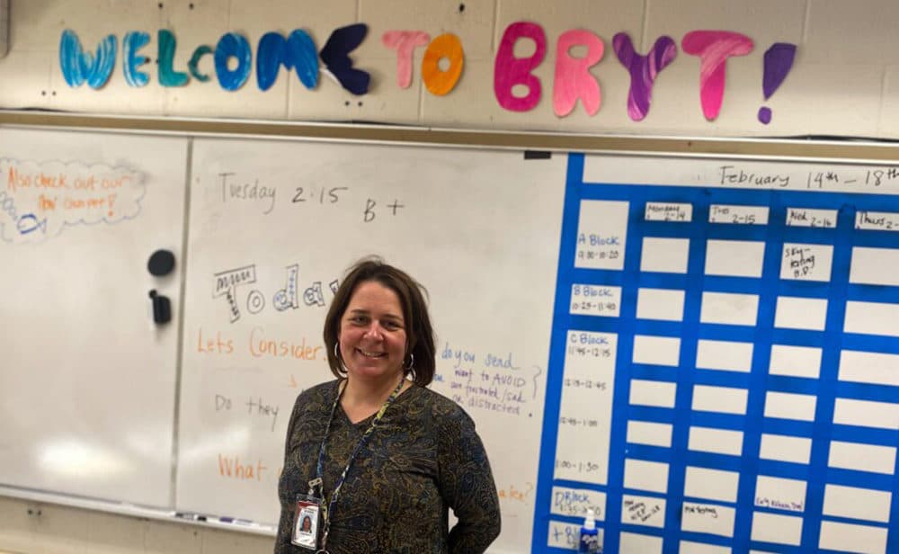 Karen Peters, a social worker, is the BRYT clinical director at Amherst Regional High School in Amherst, Massachusetts. (Ben James/NEPM)