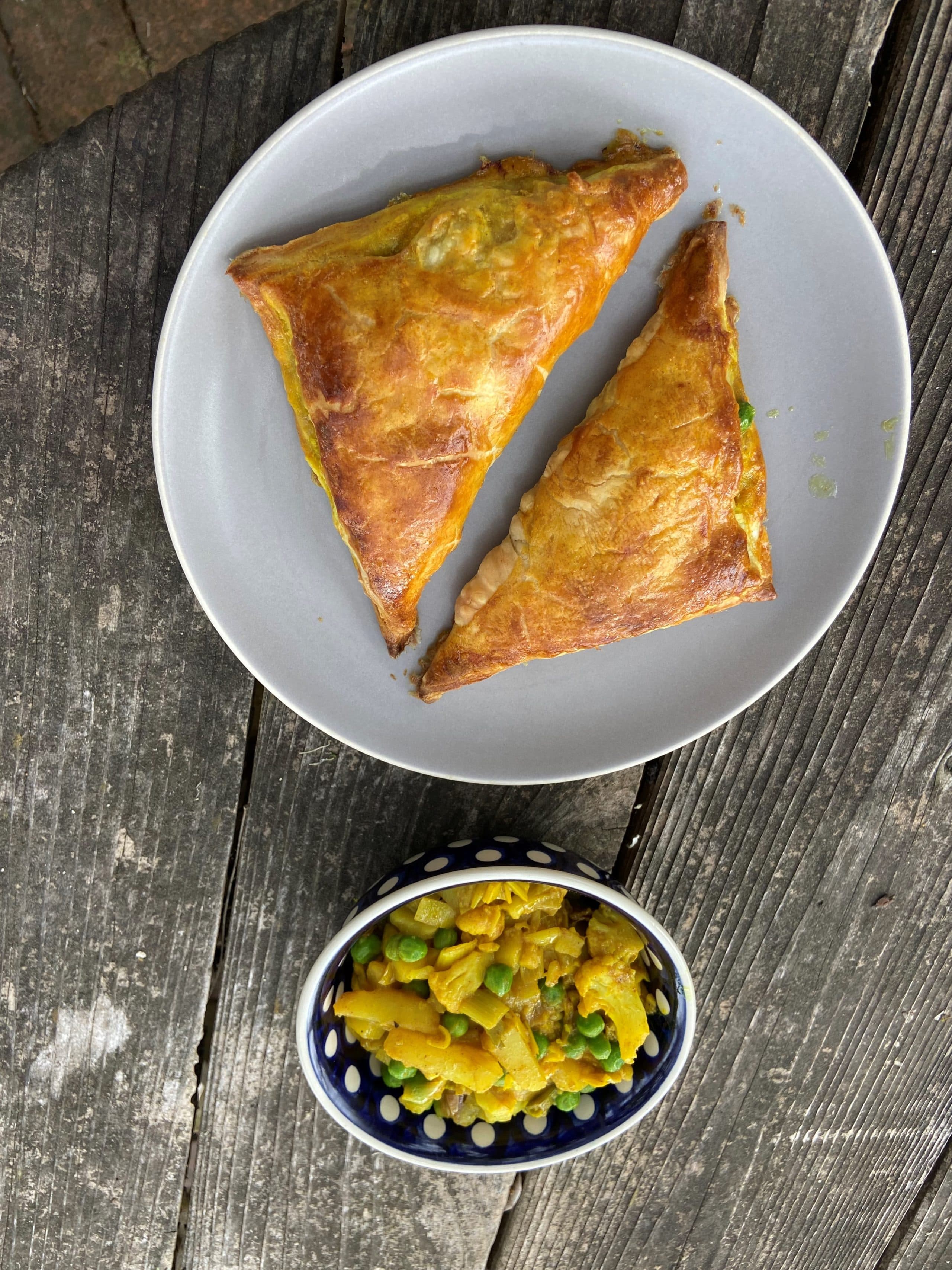 Indian-spiced cauliflower, potato and pea hand pies. (Kathy Gunst)