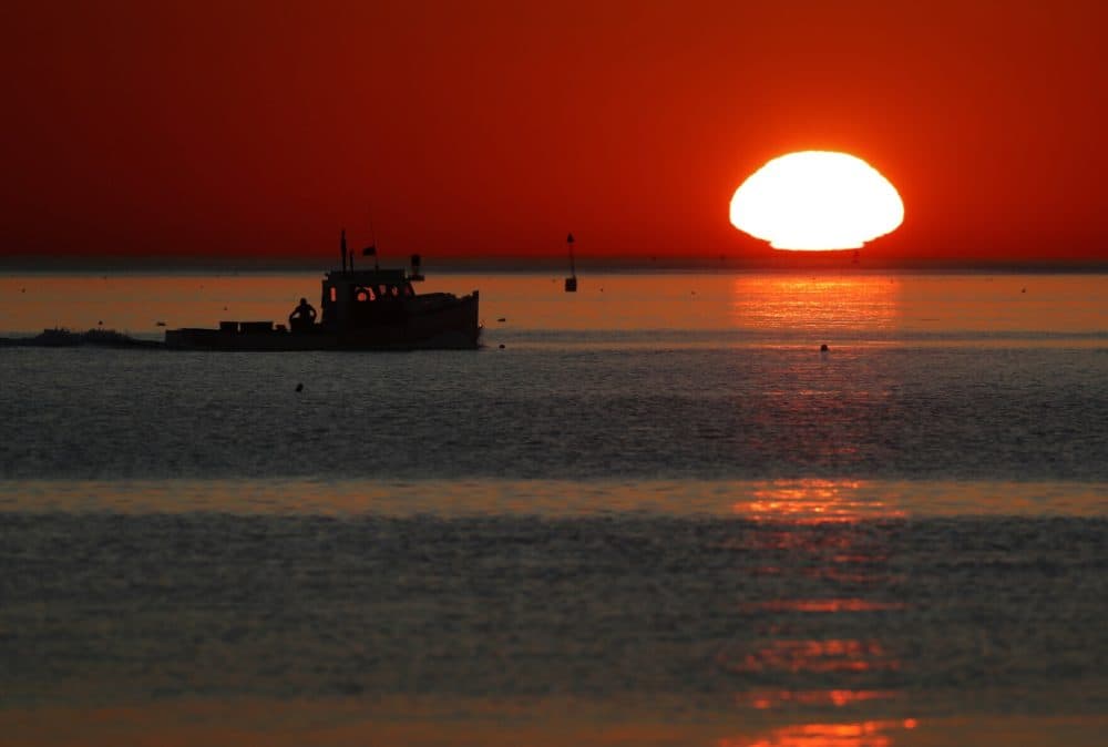 A lobster fishing boat heads out to sea at sunrise off shore from Portland, Maine. (Robert F. Bukaty/AP)