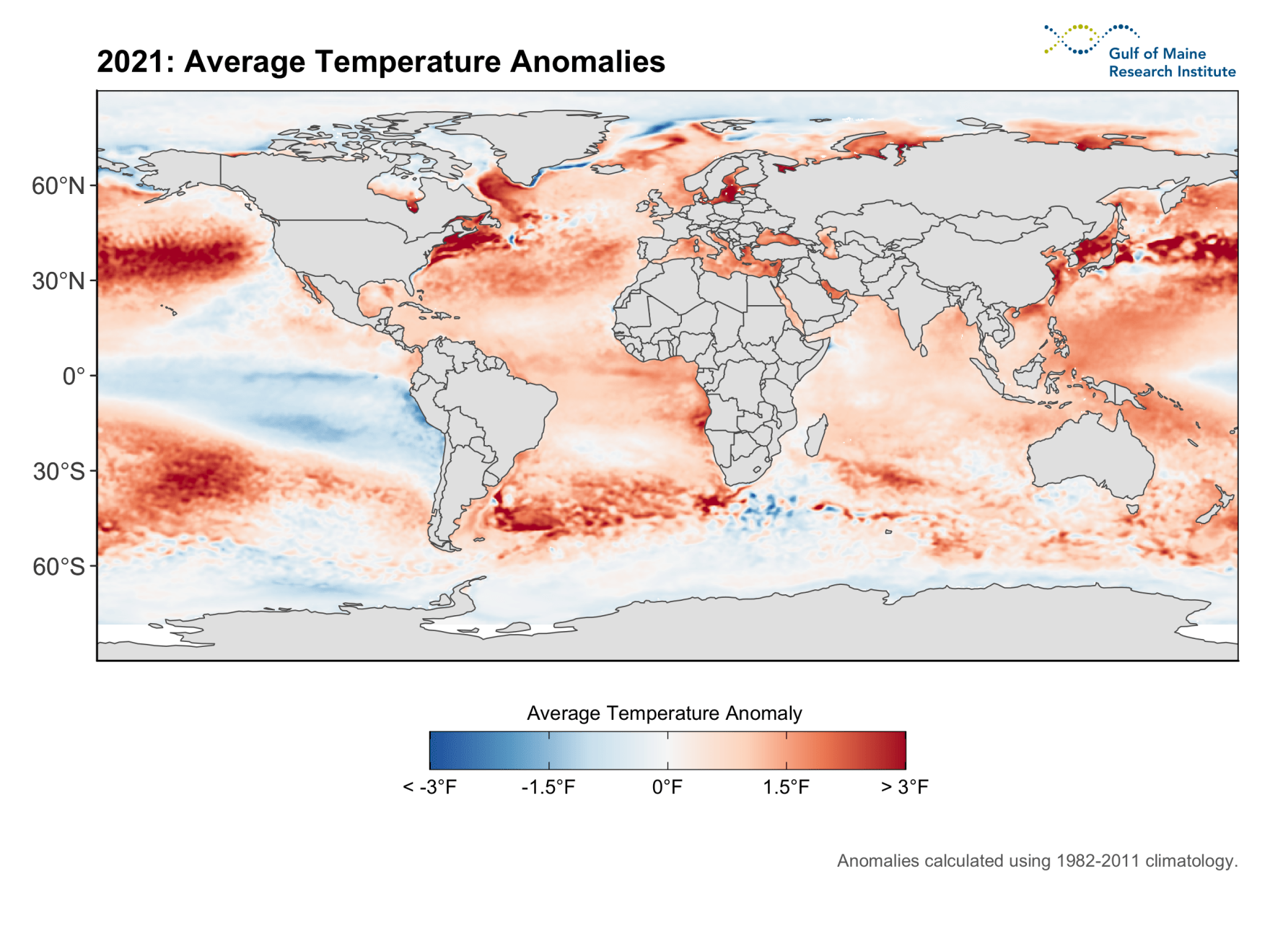 A graphic from the Gulf of Maine Research Institute highlights average temperature anomalies across the globe for 2021, with one of the most dramatic seen in the Gulf of Maine. (Gulf Of Maine Research Institute)