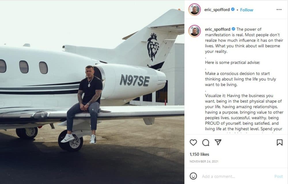 Spofford has 174,000 followers on Instagram and posts frequently, including tips about entrepreneurship and images of his private jet and luxury cars. (Screenshot taken by NHPR staff)