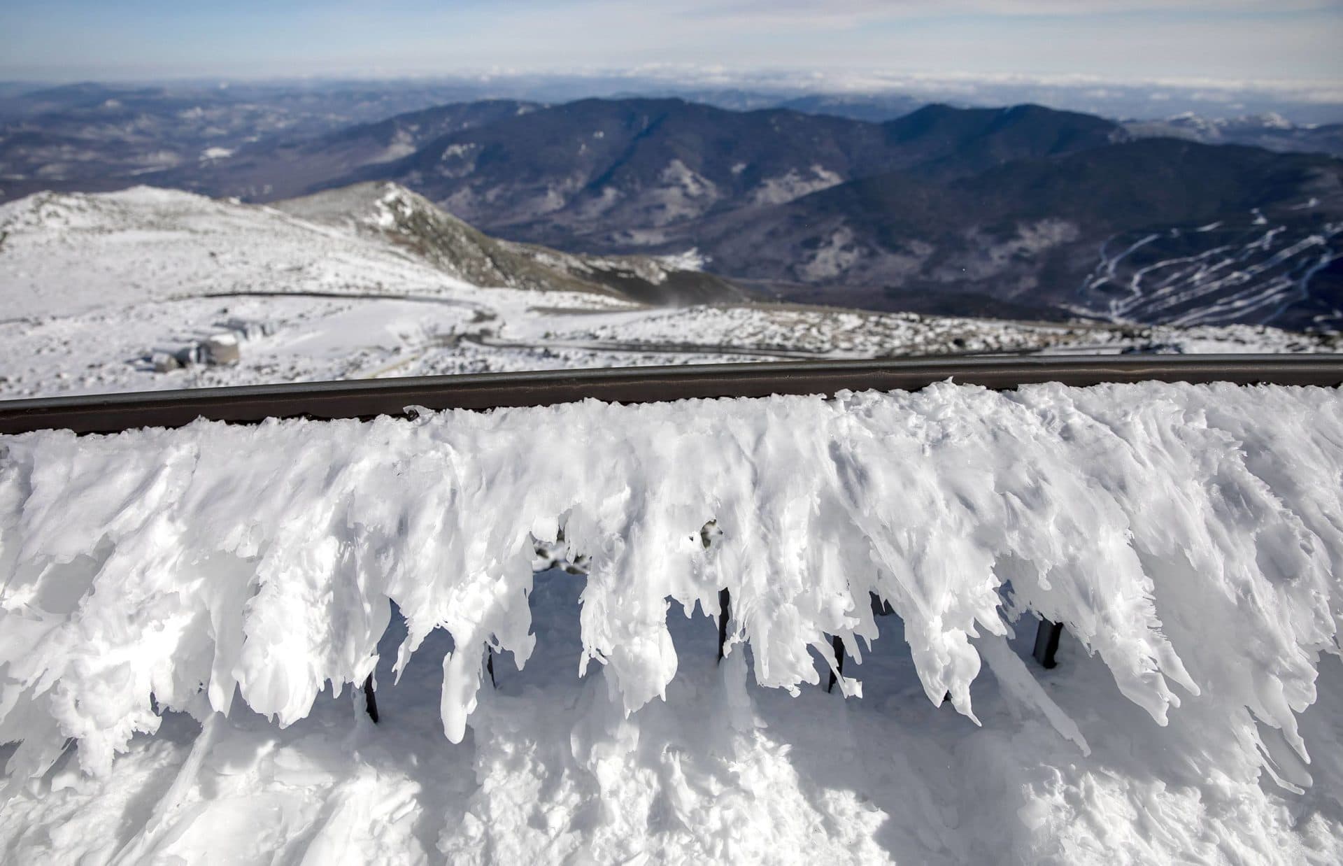 Rime ice, shaped by the wind, on the railings of the Mount Washington Observatory. (Robin Lubbock/WBUR)