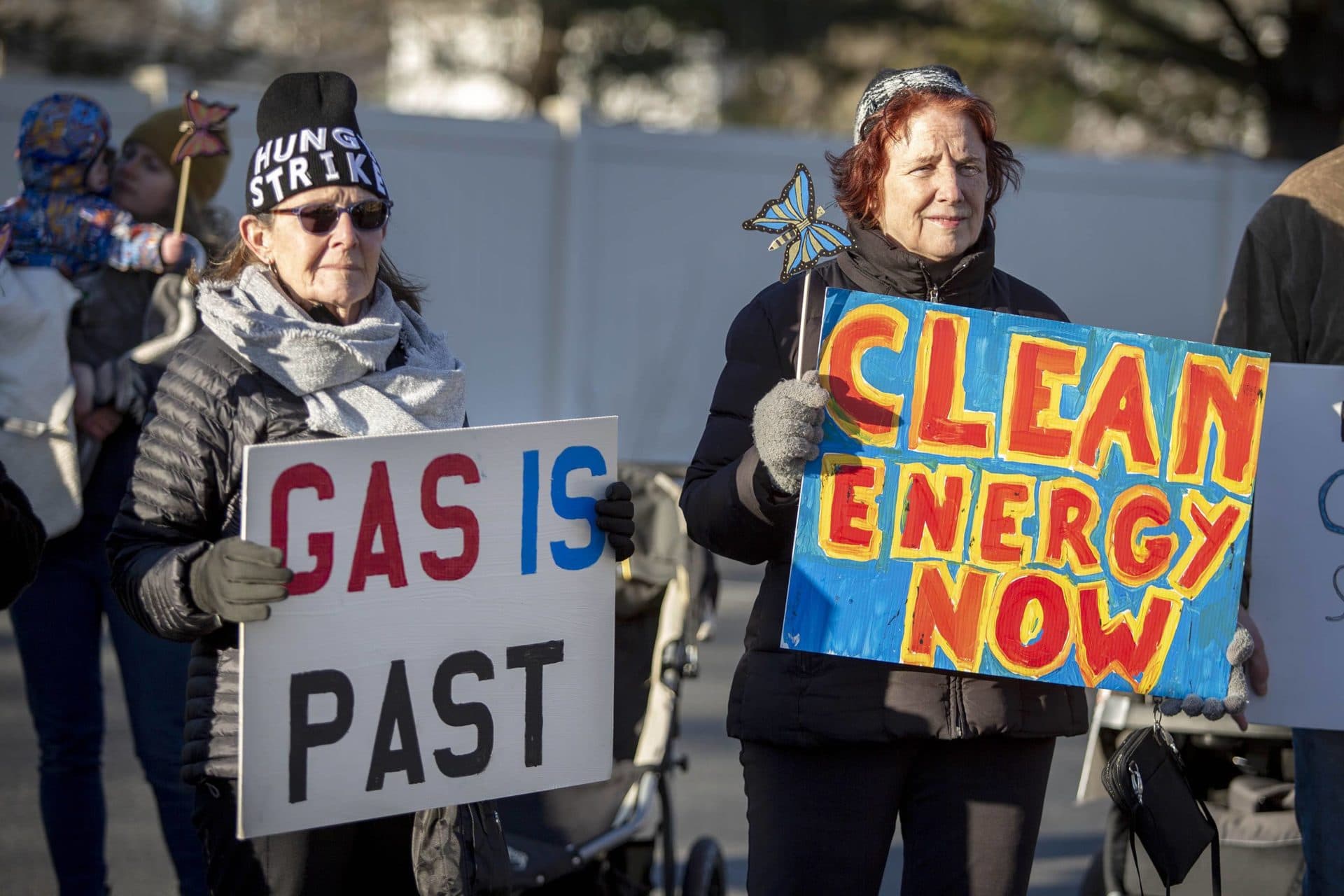 Hunger striker Dianne Fine at a march to stop the construction of a new gas peaker power plant in Peabody. (Robin Lubbock/WBUR)