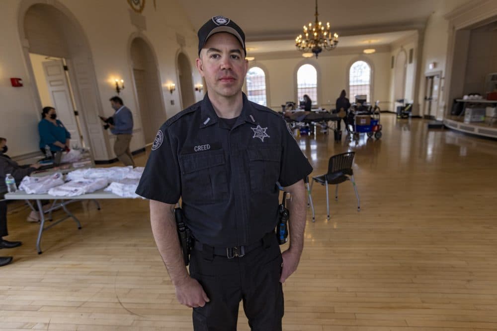 Lt. Jim Creed at a blood drive he organized at Plymouth Memorial Hall. (Jesse Costa/WBUR)