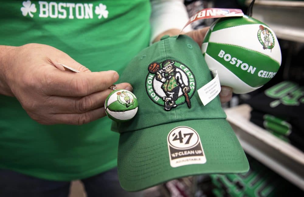 Celtics souvenirs at Underground Express in downtown Boston. (Robin Lubbock/WBUR)