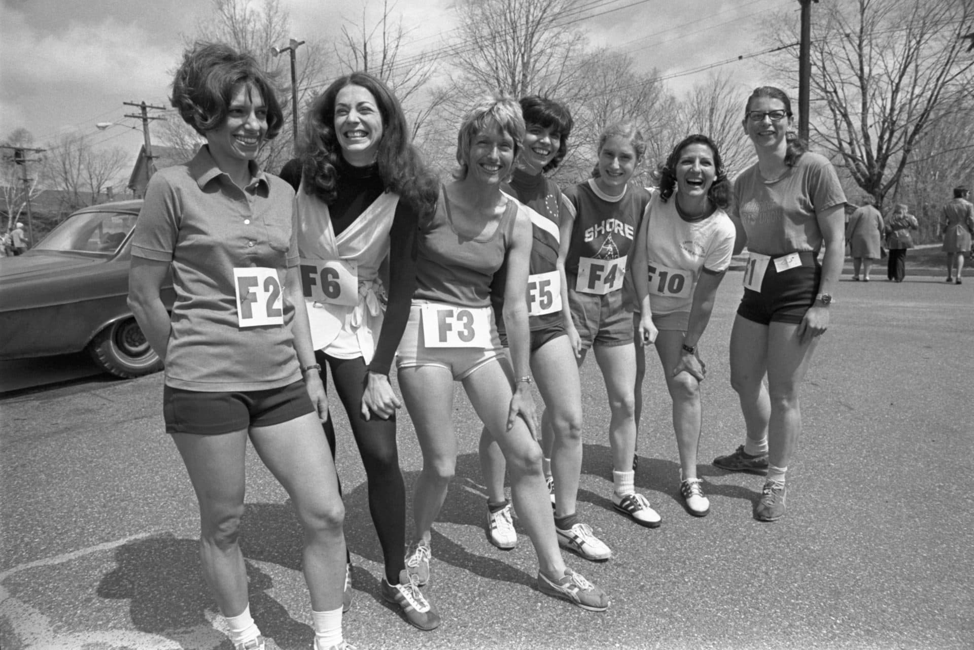 Women were first allowed to officially enter the Boston Marathon in 1972. The first group of runners (left to right) included Nina Kuscik; Kathy Miller; Elaine Pedersen; Ginny Collins; Pat Barrett Shore; Frances Morrison and Sara Mae Berman. (Bettmann/Contributor via Getty Images)
