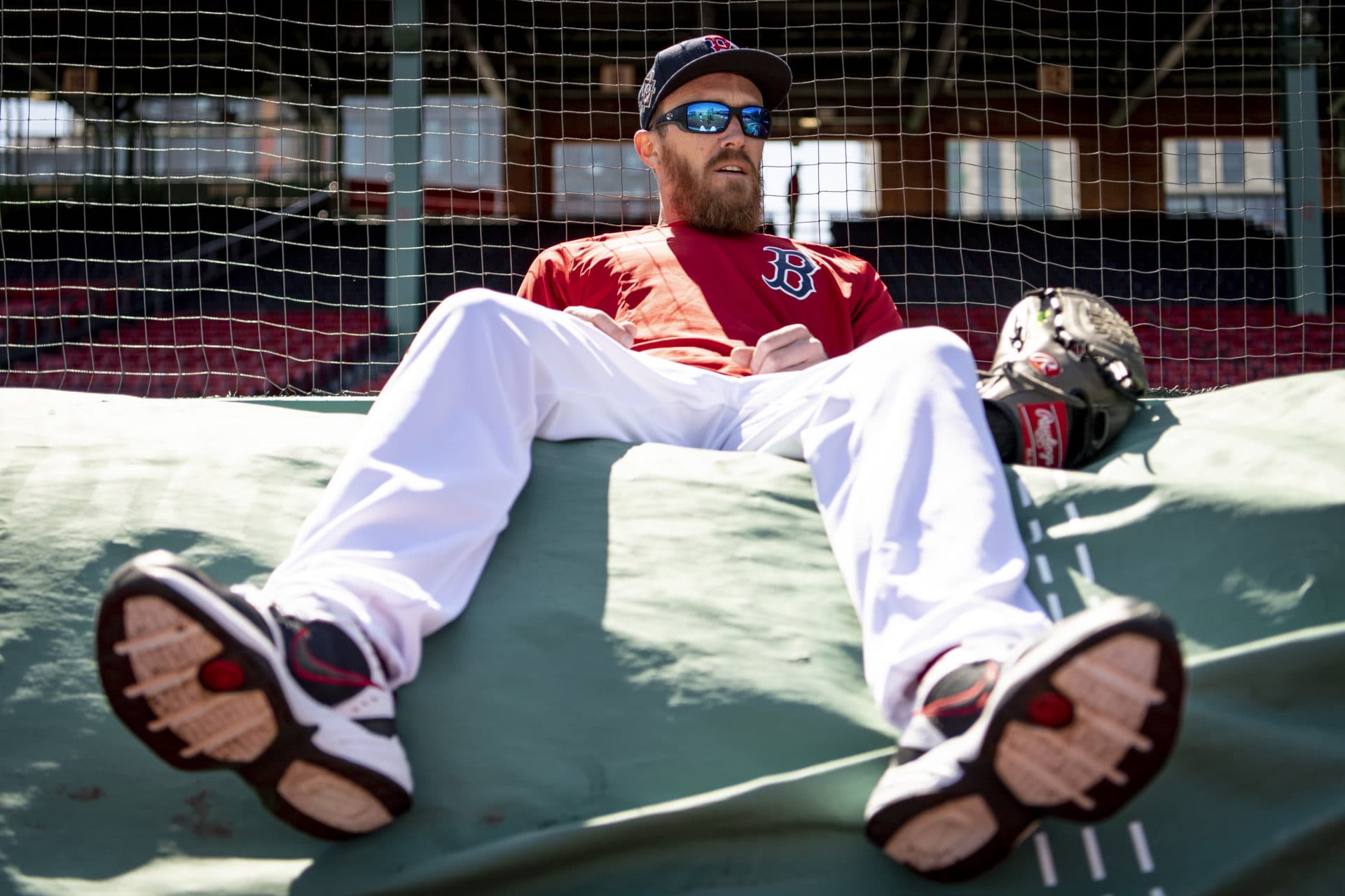 Jake Diekman of the Boston Red Sox lounges before the team's opening day game against the Minnesota Twins. (Maddie Malhotra/Boston Red Sox/Getty Images)
