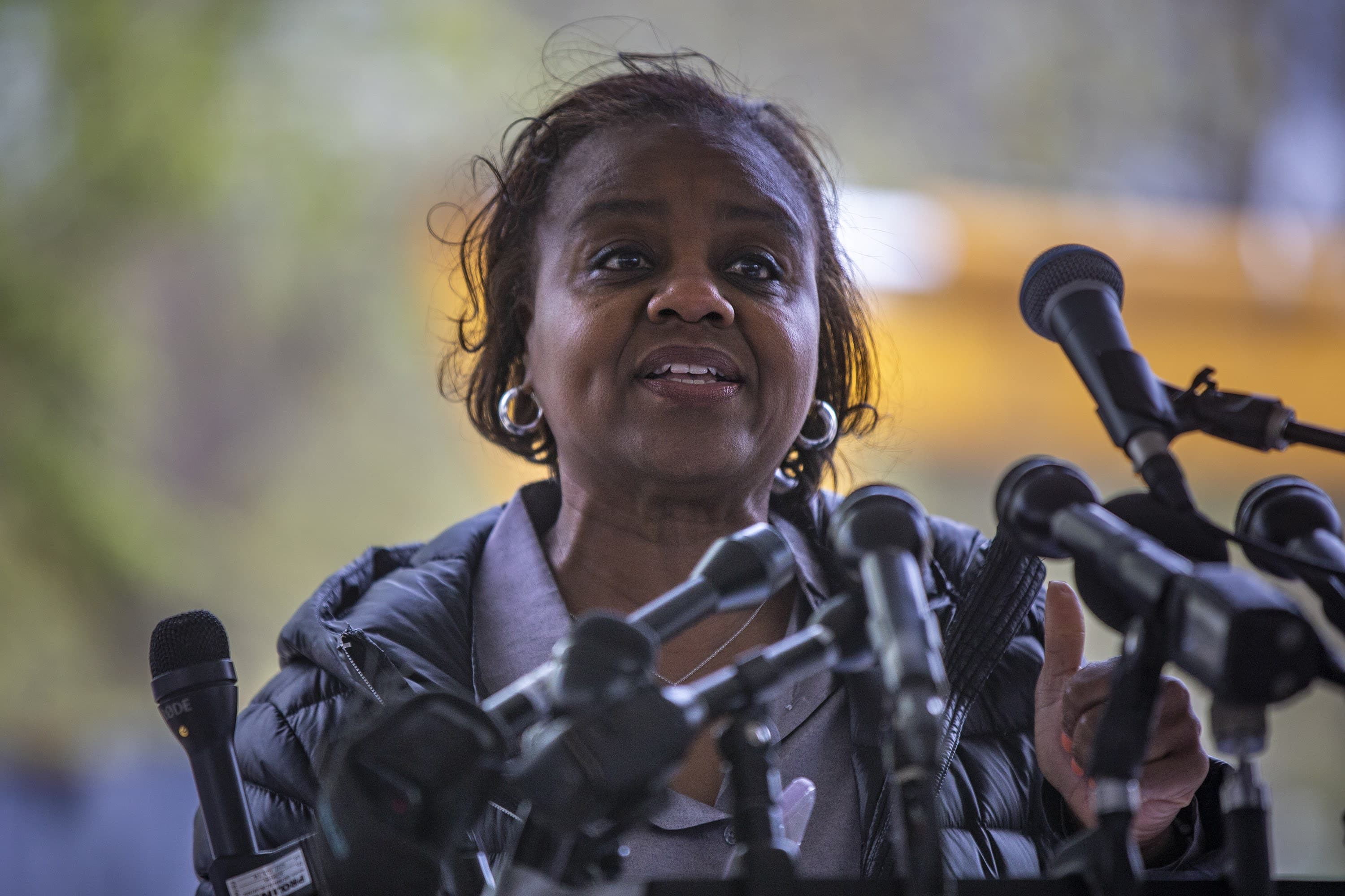 Former Massachusetts State Rep. Marie St. Fleur speaks during the groundbreaking ceremony for the King memorial. (Jesse Costa/WBUR)