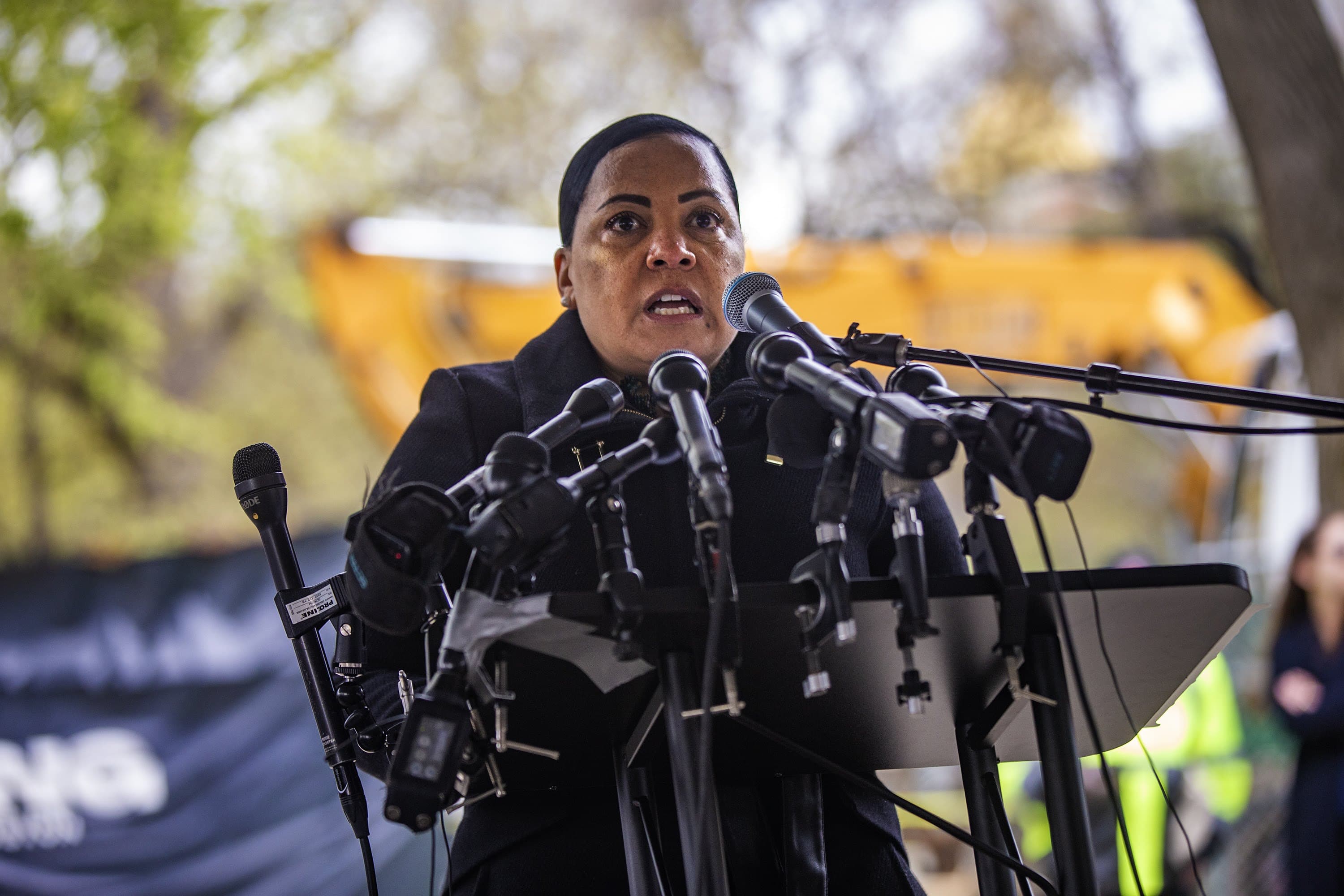 Massachusetts U.S. Attorney General Rachael Rollins speaks during the groundbreaking. (Jesse Costa/WBUR)