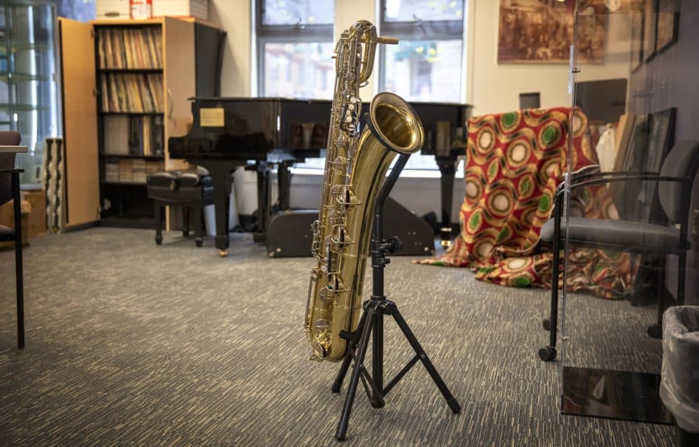 Harry Carney's saxophone, at Berklee College of Music's Africana Studies Center, in Boston. (Robin Lubbock/WBUR)