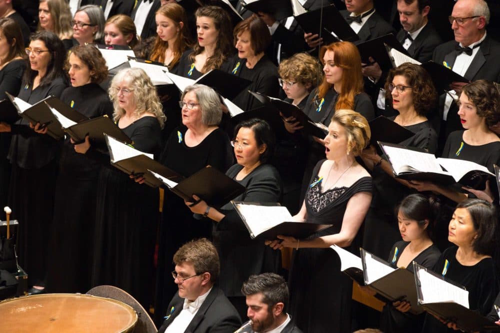 Soprano soloist Amanda Majeski with the Tanglewood Festival Chorus singing War Requiem. (Courtesy Hilary Scott/Boston Symphony Orchestra)