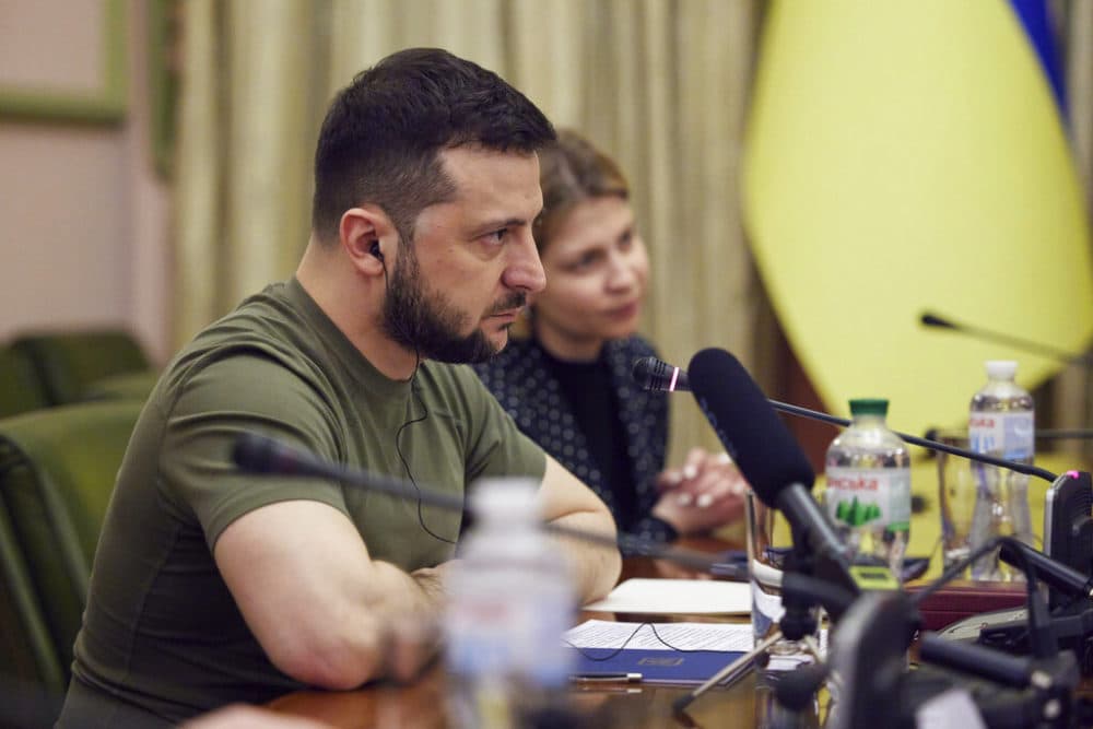 In this photo provided by the Ukrainian Presidential Press Office, Ukrainian President Volodymyr Zelenskyy listens during his meeting with President of the European Parliament Roberta Metsola in Kyiv, Ukraine, Friday, April 1, 2022. (Ukrainian Presidential Press Office via AP)