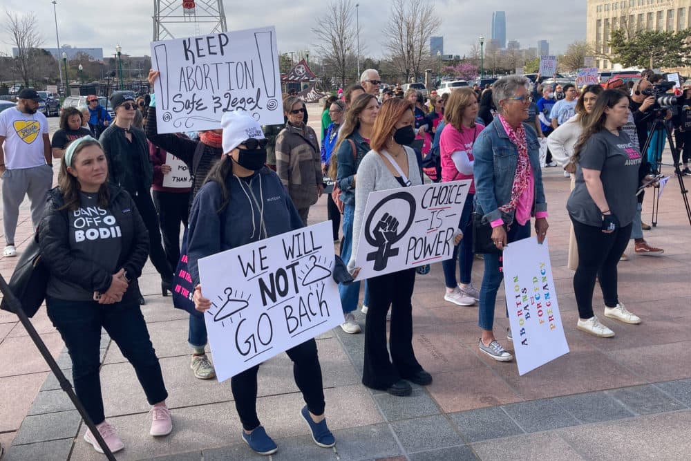 Abortion rights advocates gather outside the Oklahoma Capitol on Tuesday, April 5, 2022, in Oklahoma City, to protest several anti-abortion bills being considered by the GOP-led legislature. (Sean Murphy/AP)