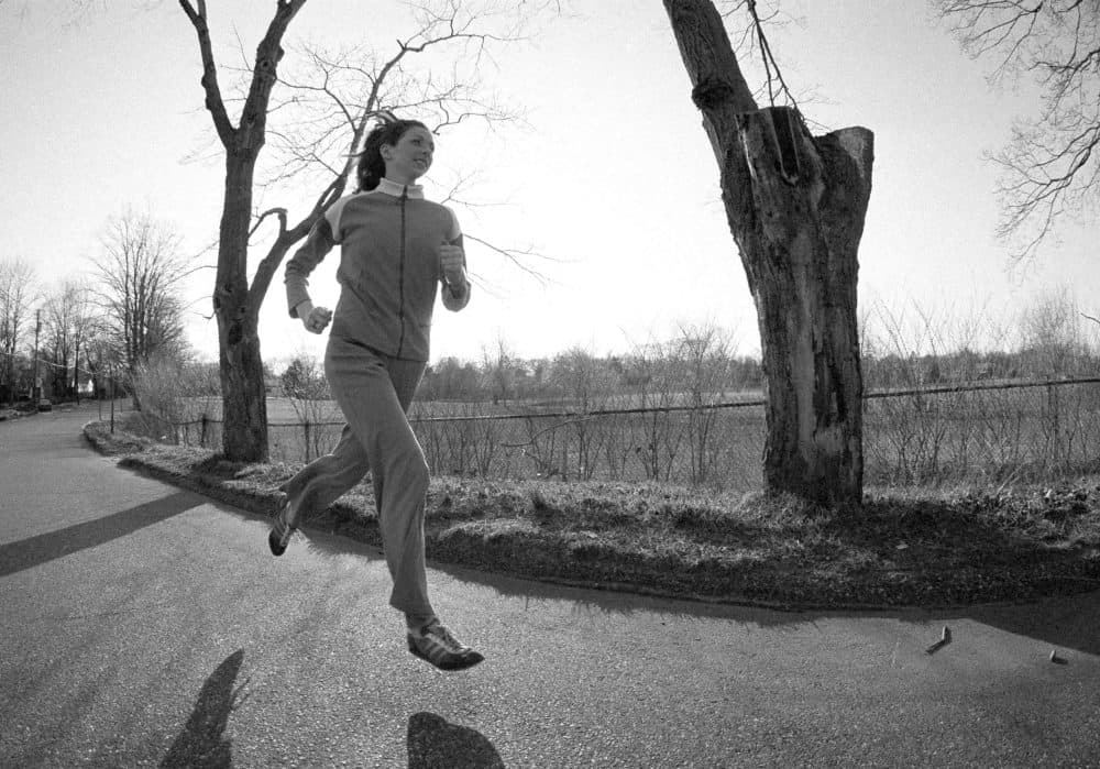 Kathrine Switzer jogs in White Plains, N.Y., April 8, 1975, while training for the Boston Marathon. (Ron Frehm/AP)
