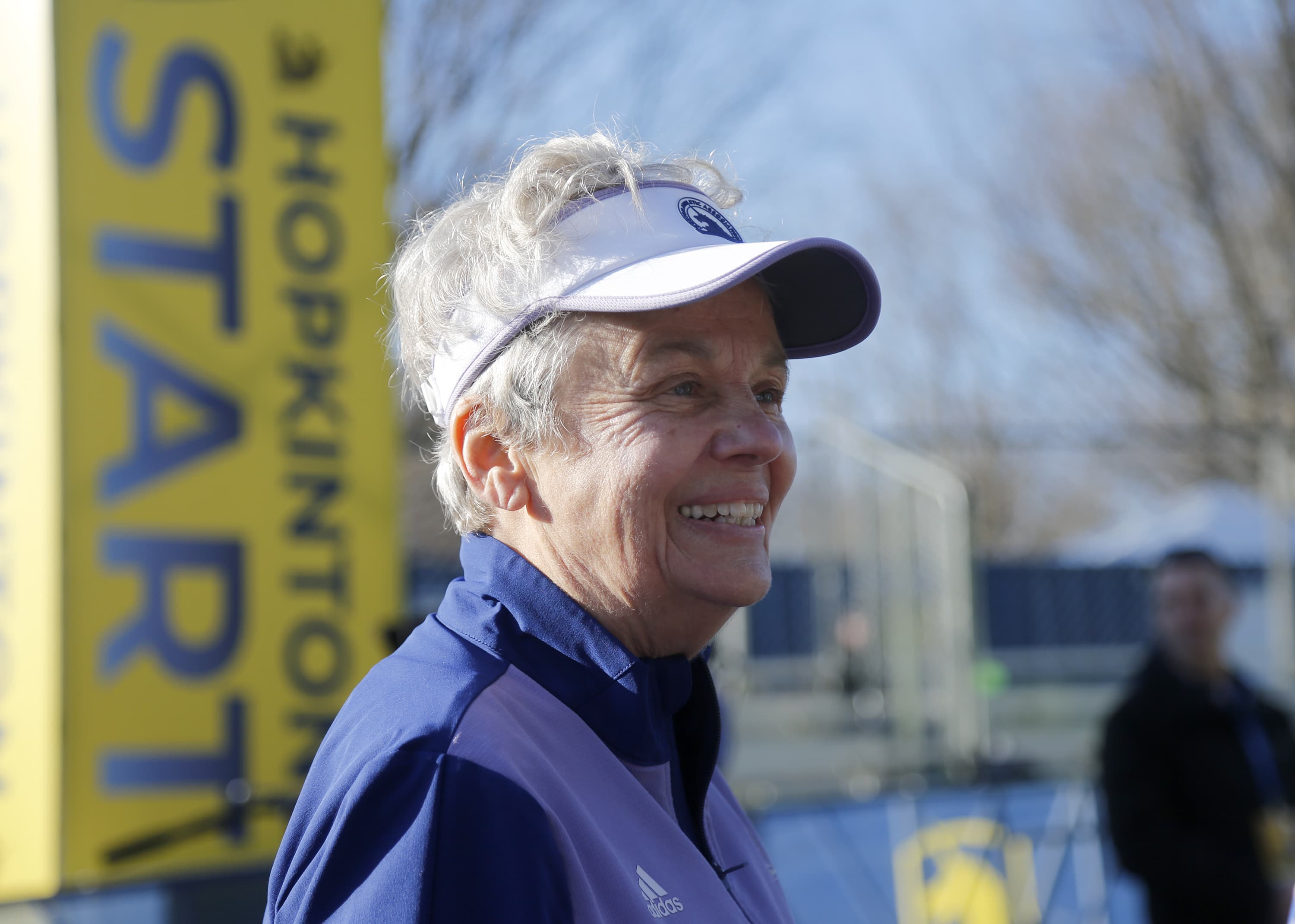Val Rogosheske, who raced in the inaugural women's division in 1972, stands at the starting line of the 126th Boston Marathon. (Mary Schwalm/AP)