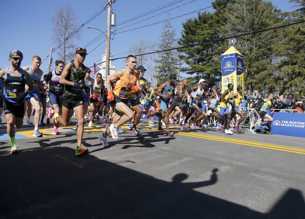 The elite men break from the starting line of the 126th Boston Marathon, Monday, April 18, 2022, in Hopkinton, Mass. (Mary Schwalm/AP)