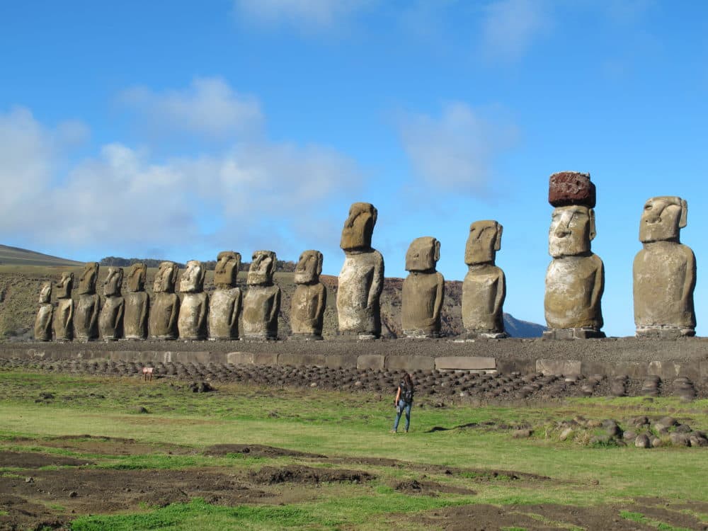 15 moai standing watch at Tongariki on Easter Island. The largest moai on the 720-foot-long platform weighs 97 tons. The site was restored between 1992 and 1996 at a cost of over $2 million, paid for by the Japanese government(Karen Schwartz/AP)