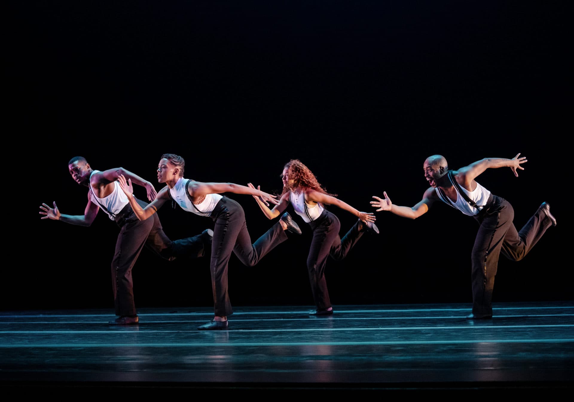 Ailey's Solomon Dumas, Samantha Figgins, Belén Indhira Pereyra and Renaldo Maurice in Robert Battle's For Four, stage premiere. (Courtesy Paul Kolnik)
