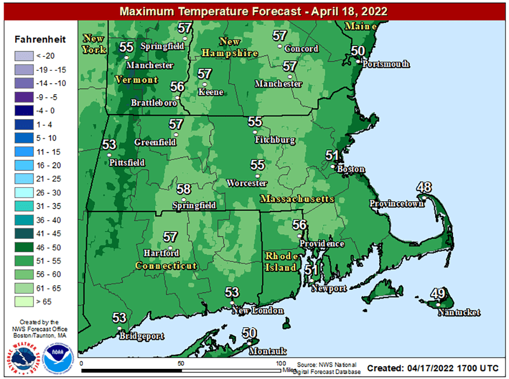 Forecast highs on Monday, April 18, reach the lower 50s in Boston. (Courtesy NOAA)