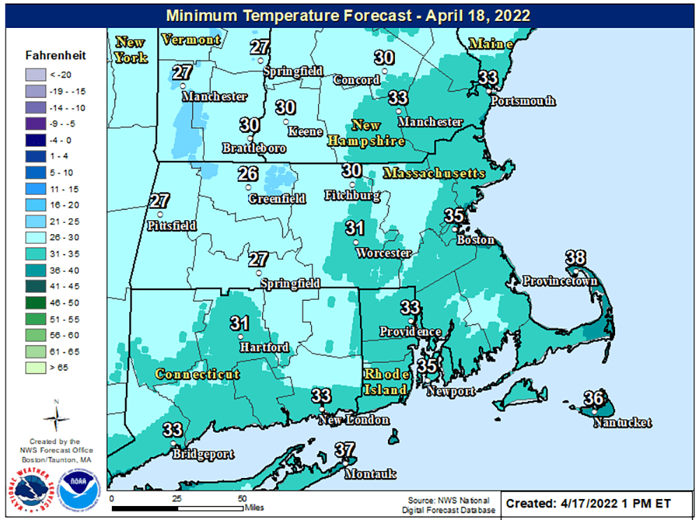 Sunrise temperatures on Patriots' Day will be in the upper 30 and lower 40s. (Courtesy NOAA)