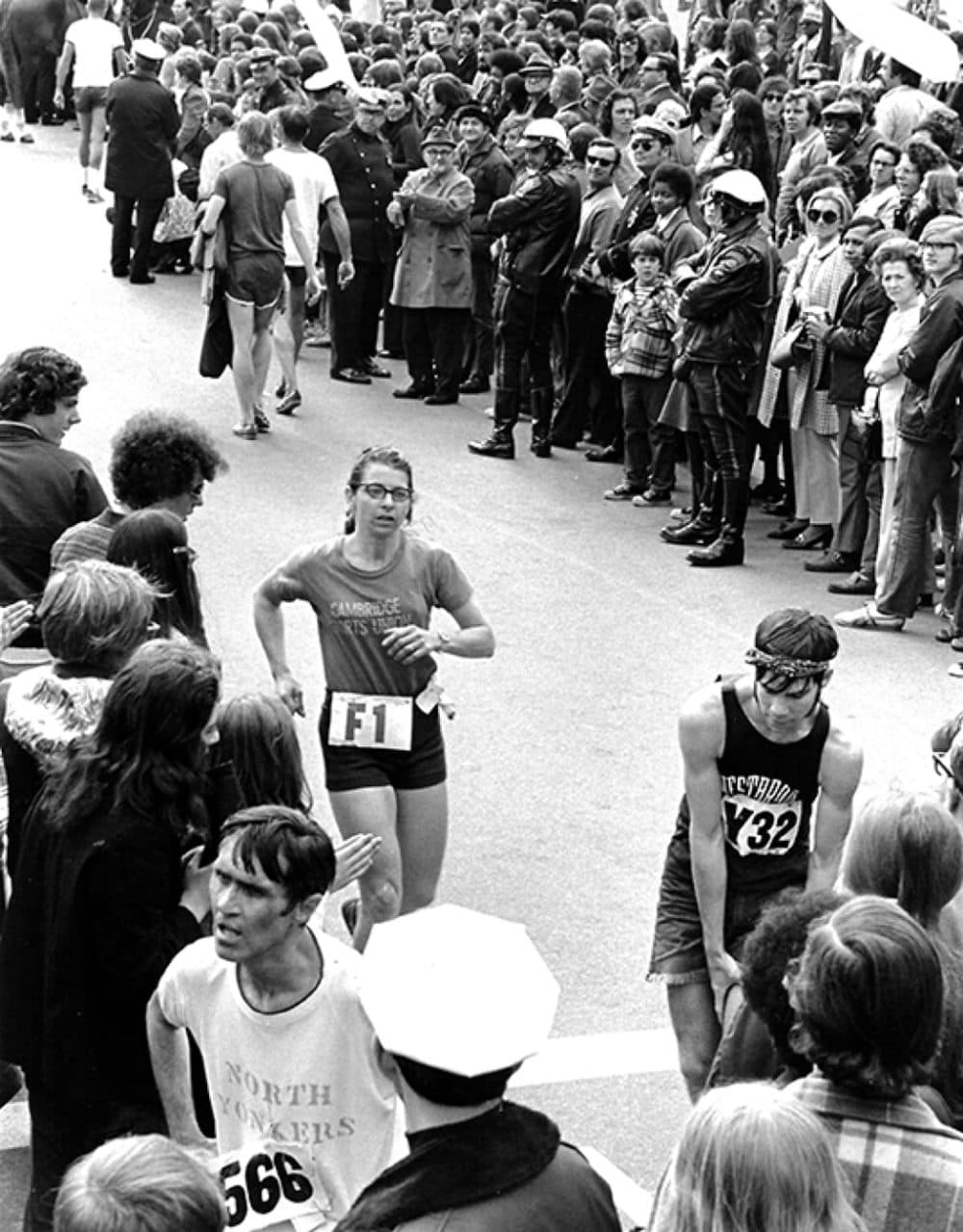 Sara Mae Berman running in the 1972 Boston Marathon. She had the flu that year, and finished in fifth place. (Courtesy Boston Athletic Association)