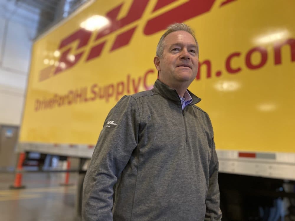Jim Monkmeyer, an executive with DHL Supply Chain, sees the potential of being an early adopter of autonomous trucks. DHL is already using TUSimple trucks to make deliveries in Texas. (Peter O'Dowd/Here &amp; Now)