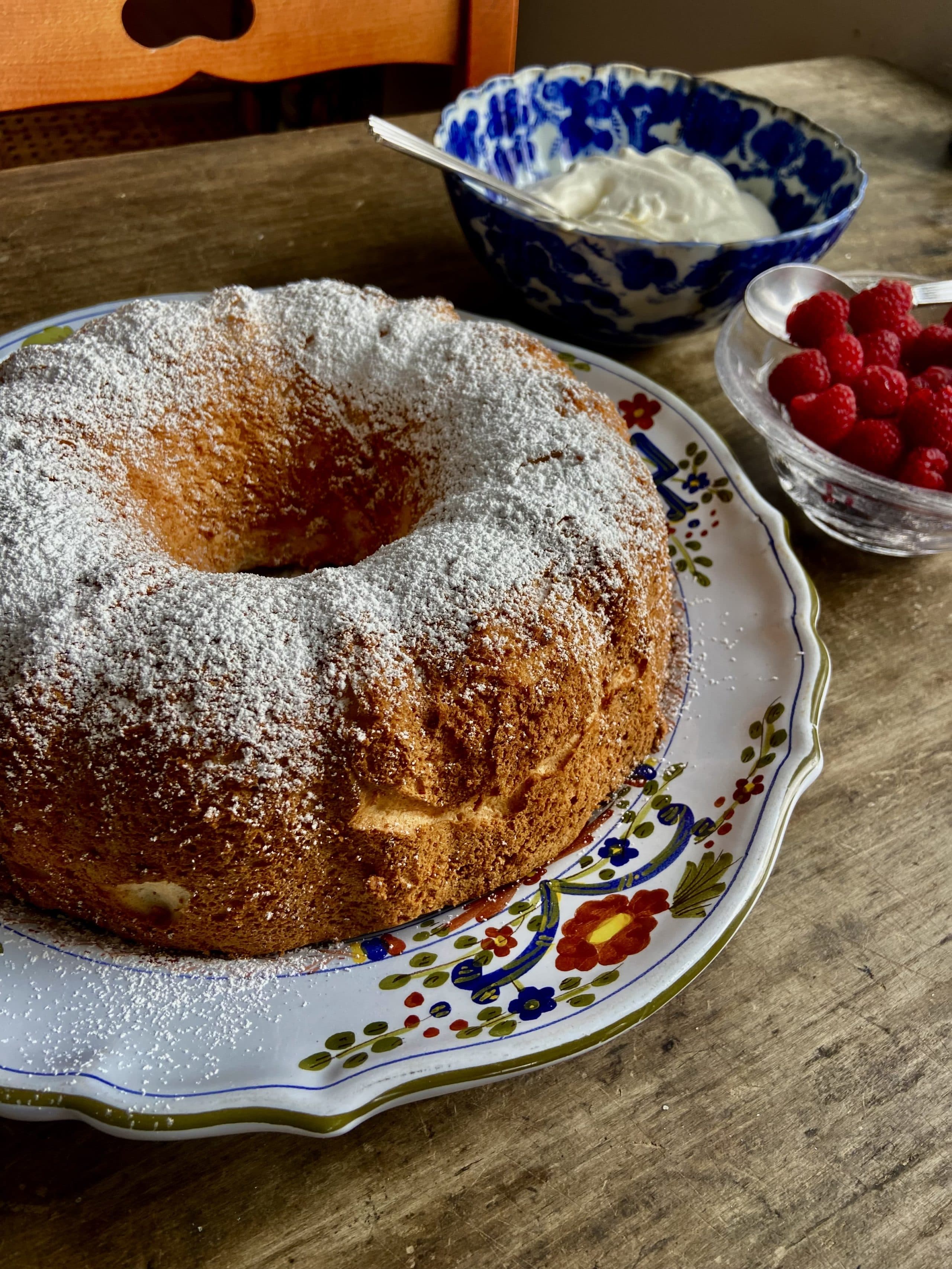 Angel food cake with vanilla whipped cream and spring berries. (Kathy Gunst)