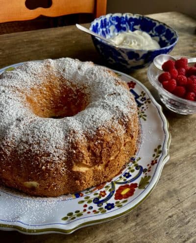 Angel food cake with vanilla whipped cream and spring berries. (Kathy Gunst)
