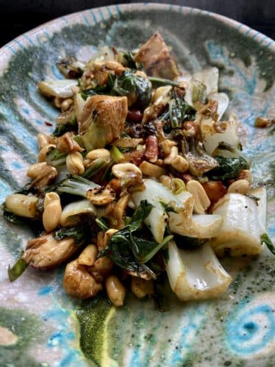 Fried Chicken with Bok Choy, Ginger and Peanuts.  (Kathy Gunst)