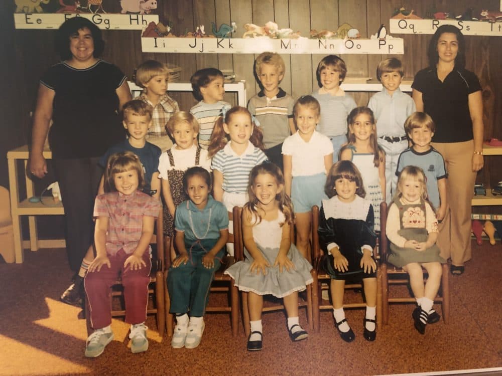 The author, seated in the first row, second from left, is pictured with her preschool class at Perroe Presbyterian Church in 1983. (Courtesy Neema Avashia)