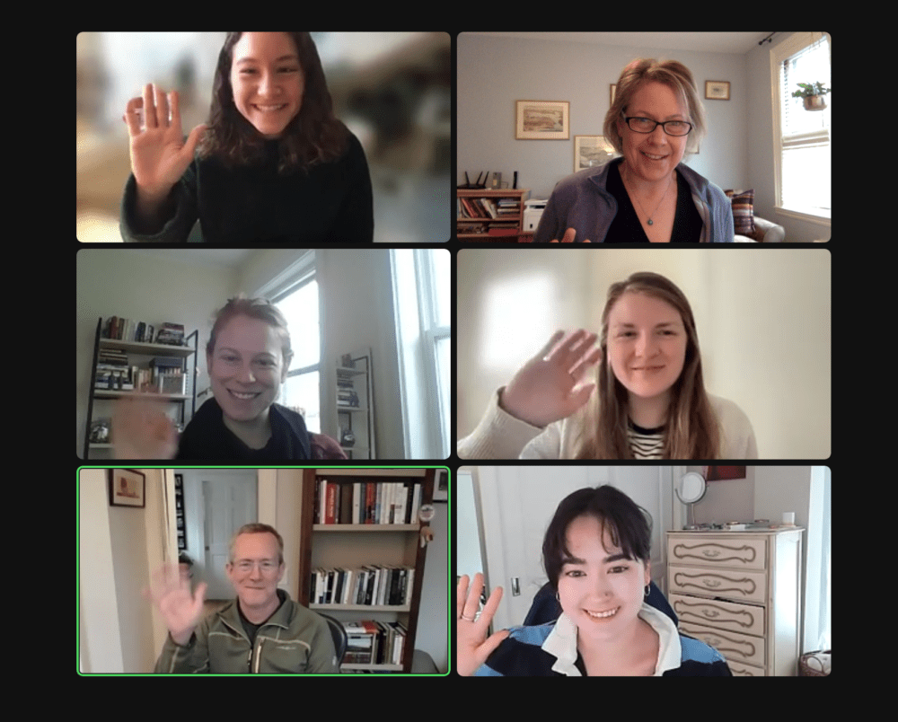 The group of Tufts graduate student researchers who assisted in answering WBUR's food and climate questions, along with Barbara Moran, top right. (Barbara Moran/WBUR)