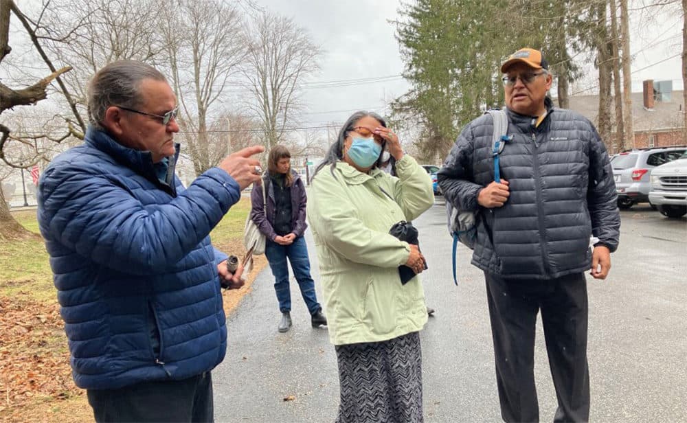 Chief Henry Red Cloud and Renee and Manny Iron Hawk gathered outside the Barre Museum Association. (Nancy Eve Cohen/NEPM)