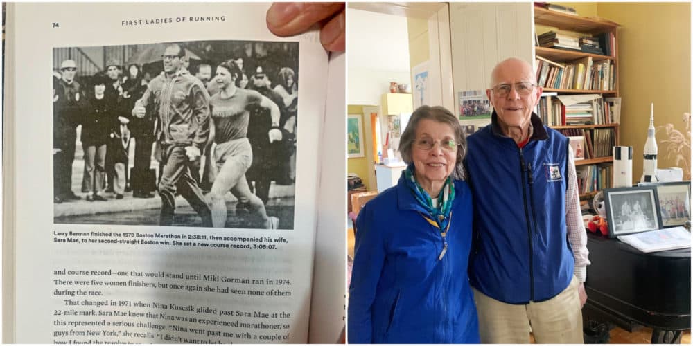 On the left, Sara Mae Berman shares a photo from the 1970 Boston Marathon taken by Rick Levy and included in the book "The First Ladies of Running" by Amby Burfoot. On the right, Sara Mae and her husband Larry at their home in Cambridge, Mass. on April 14, 2022.  The couple still works out 70 minutes a day and participates in cross-country skiing and orienteering competitions. (Cloe Axelson/WBUR)