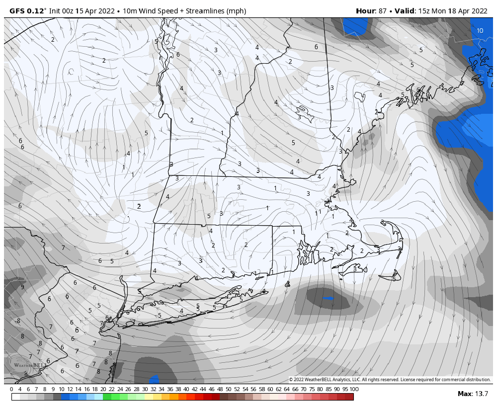 Wind will be light and variable Monday, with a very light headwind in the afternoon. (Courtesy WeatherBELL)