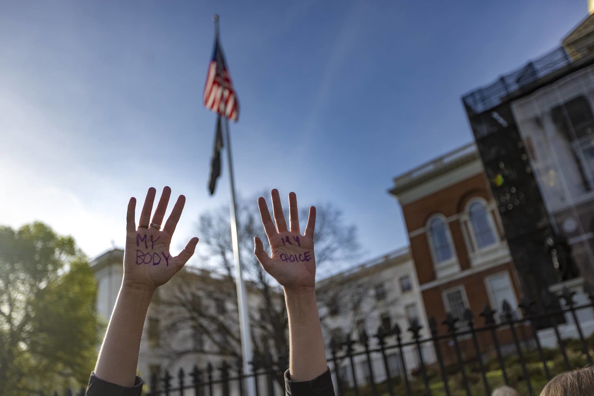 Alexa Steele wrote the words &quot;my body my choice&quot; on the palms of her hands as she joined thousands of others at the Defend Abortion Rights rally at the Massachusetts State House. (Jesse Costa/WBUR)