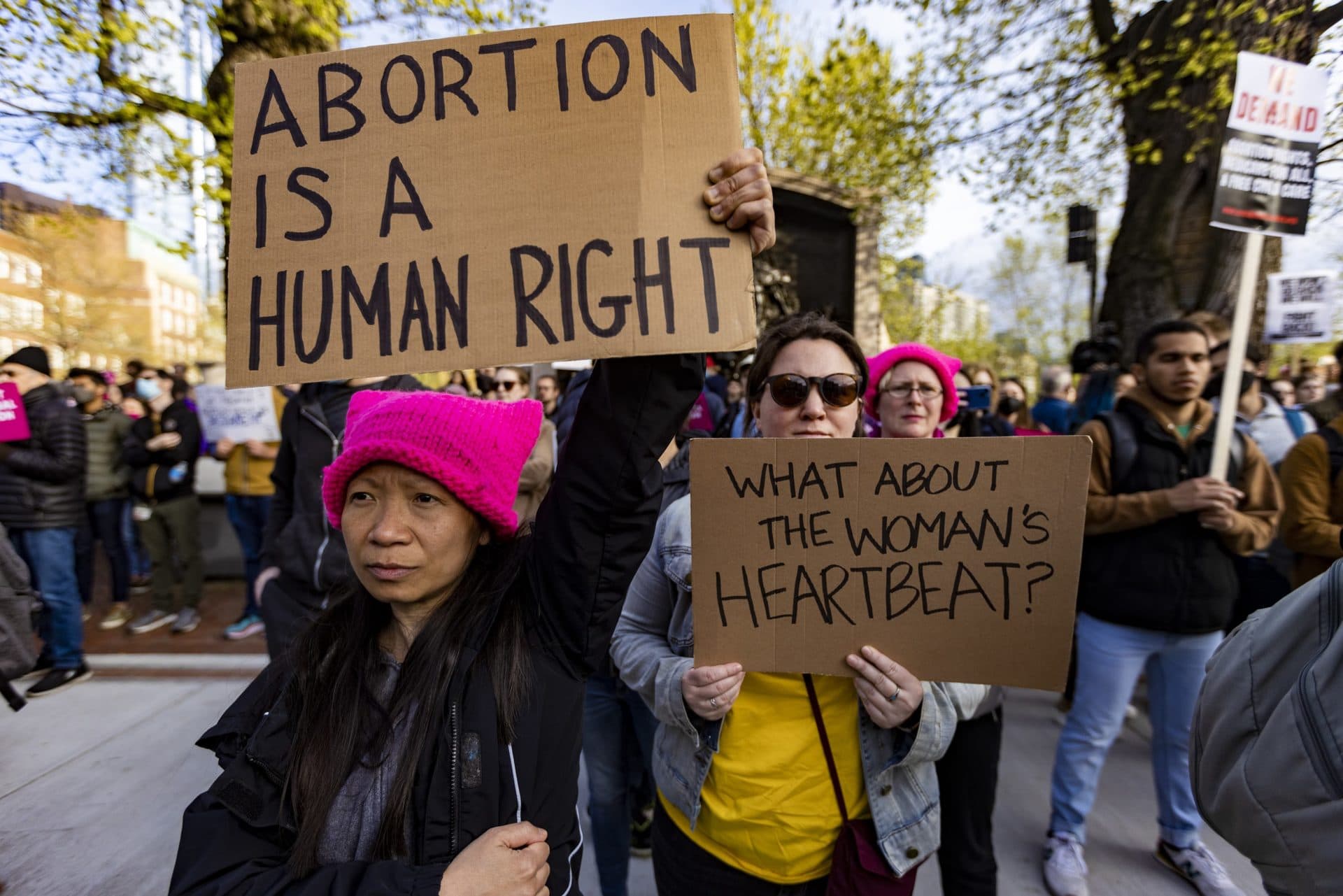 Kha Dickerman, left, joined thousands of others to rally to defend abortion rights at the Massachusetts State House. (Jesse Costa/WBUR)