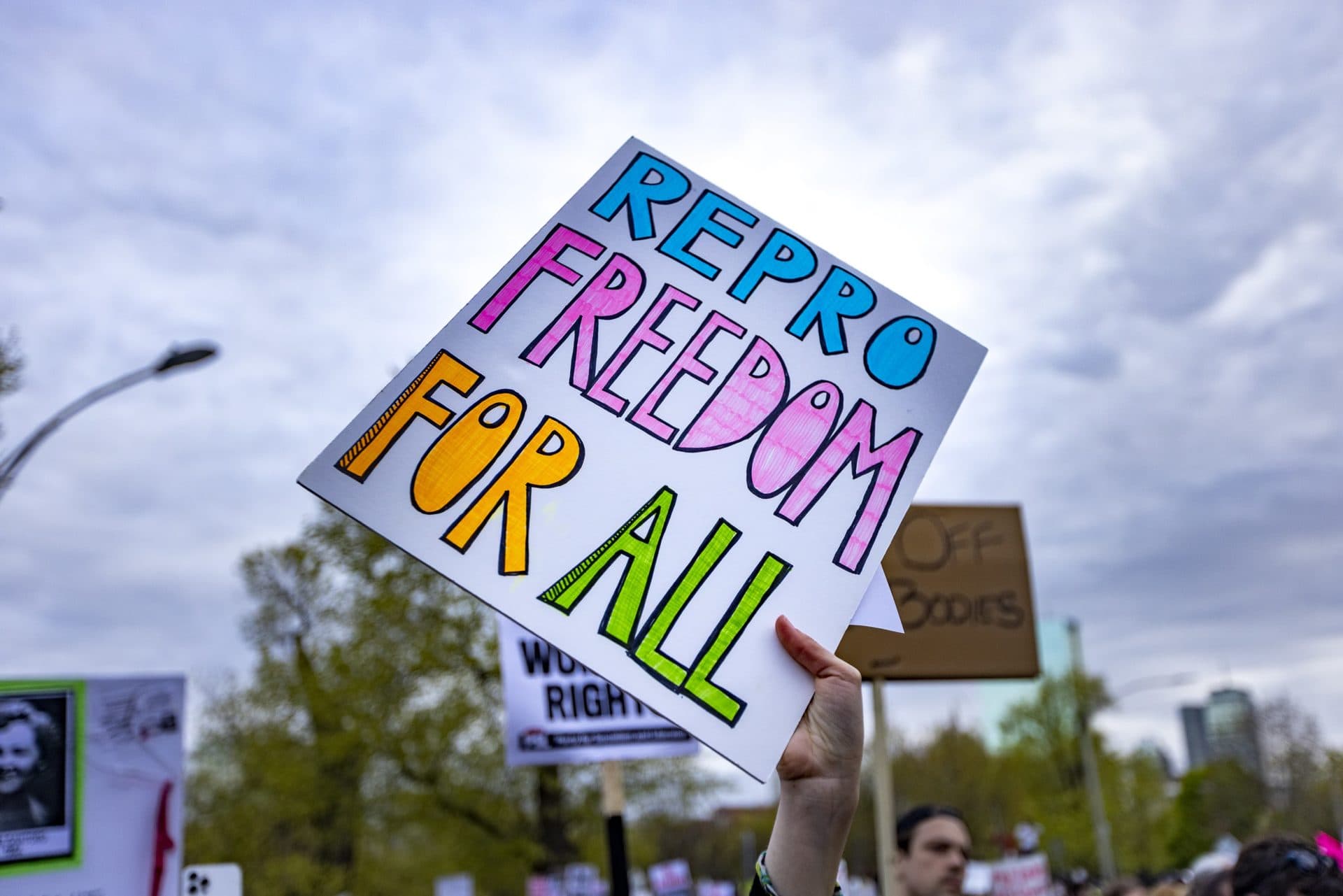 Taylor Gonsalves holds up a sign during the Defend Abortion Rights rally at the Massachusetts State House. (Jesse Costa/WBUR)