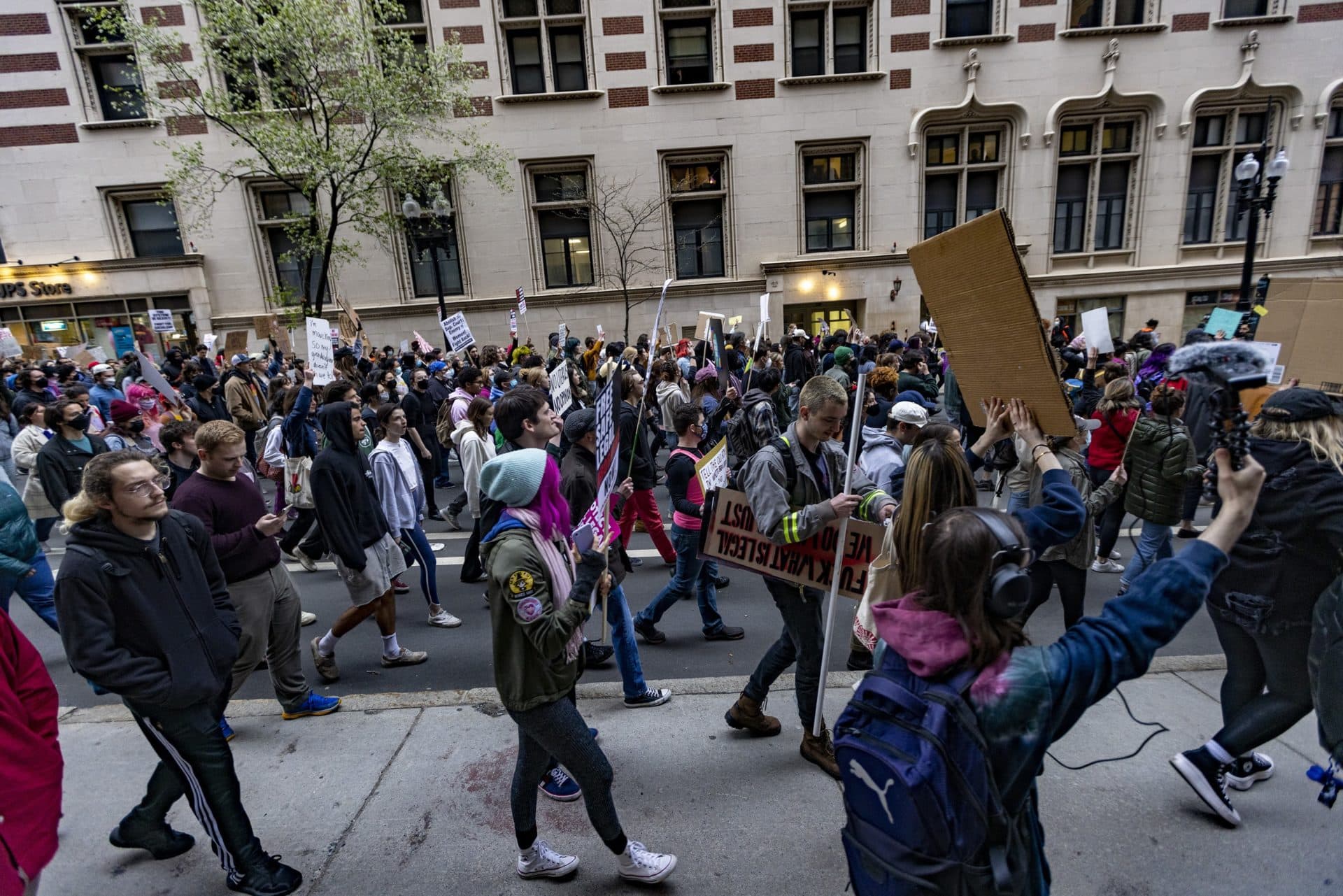 Thousands of protesters march down Tremont Street during the Defend Abortion Rights rally at the Massachusetts State House. (Jesse Costa/WBUR)