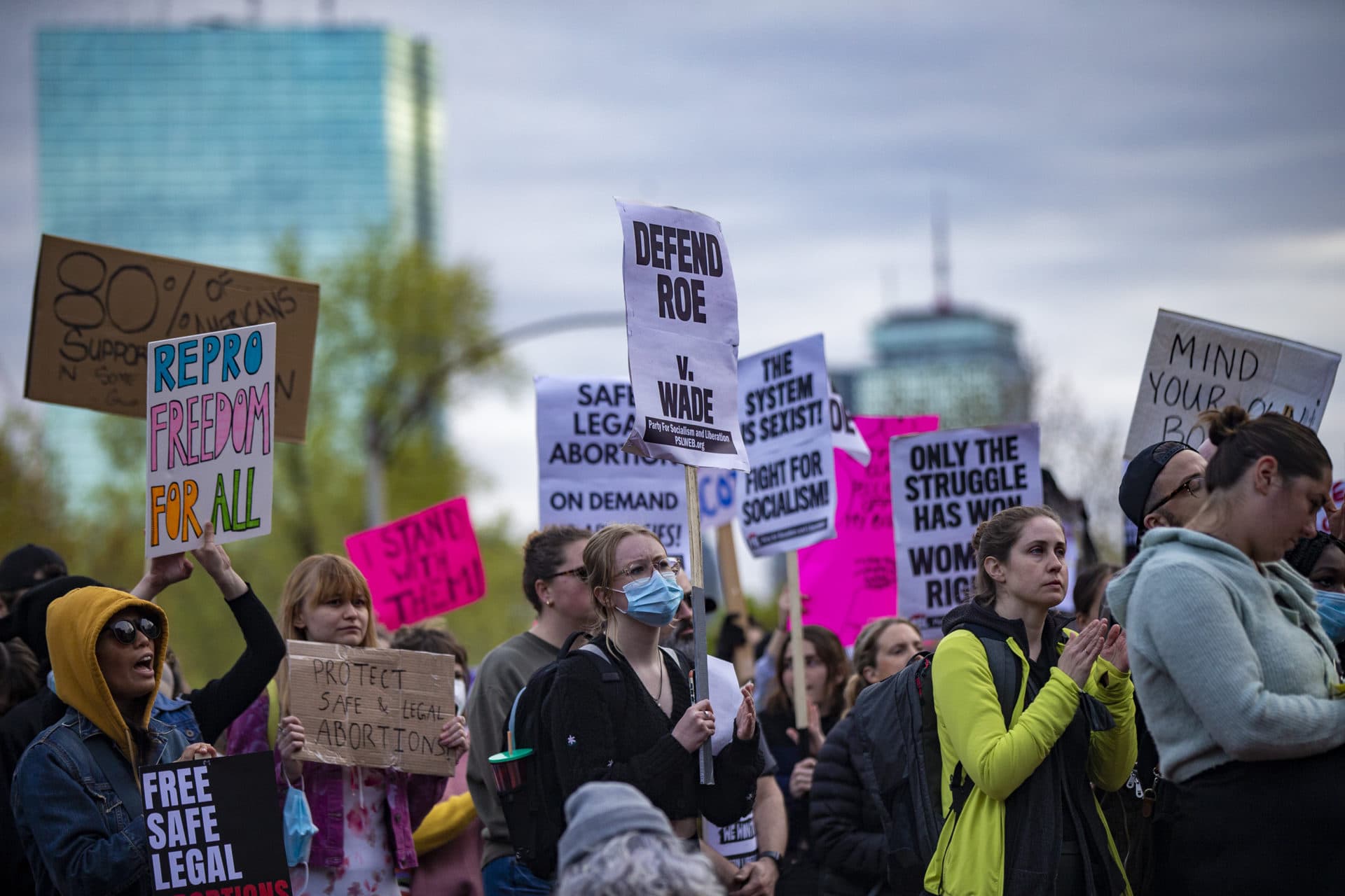 Thousands of protesters gather during the Defend Abortion Rights rally at the Massachusetts State House. (Jesse Costa/WBUR)