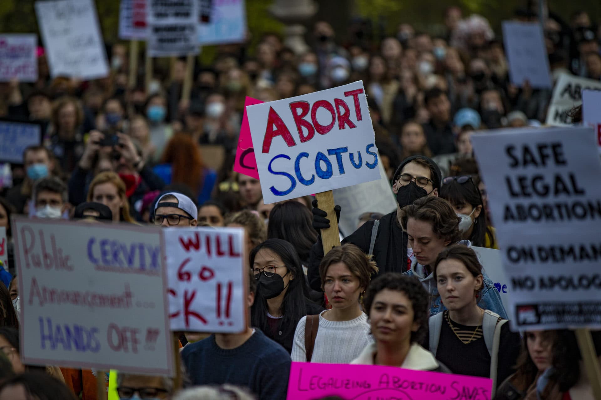 Thousands of protesters gather during the Defend Abortion Rights rally at the Massachusetts State House. (Jesse Costa/WBUR)