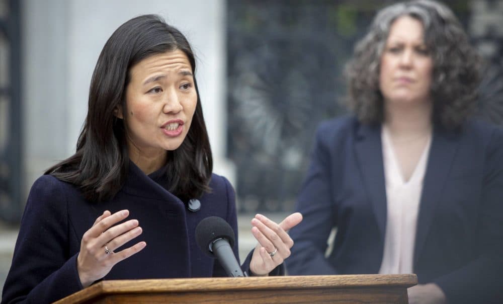 Mayor Michelle Wu speaks at a press conference on the steps of the Massachusetts State House about abortion protections in the U.S. (Robin Lubbock/WBUR)