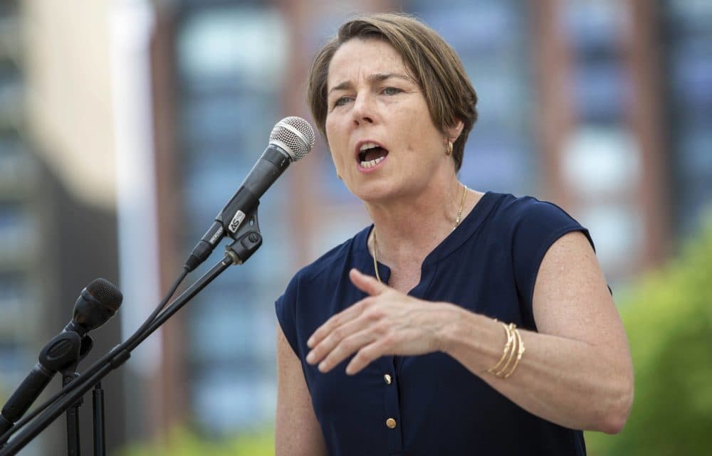 Mass. Attorney General Maura Healey speaks to protesters gathered at the Parkman Bandstand on Boston Common for the &quot;Bans Off Our Bodies&quot; rally. (Robin Lubbock/WBUR)