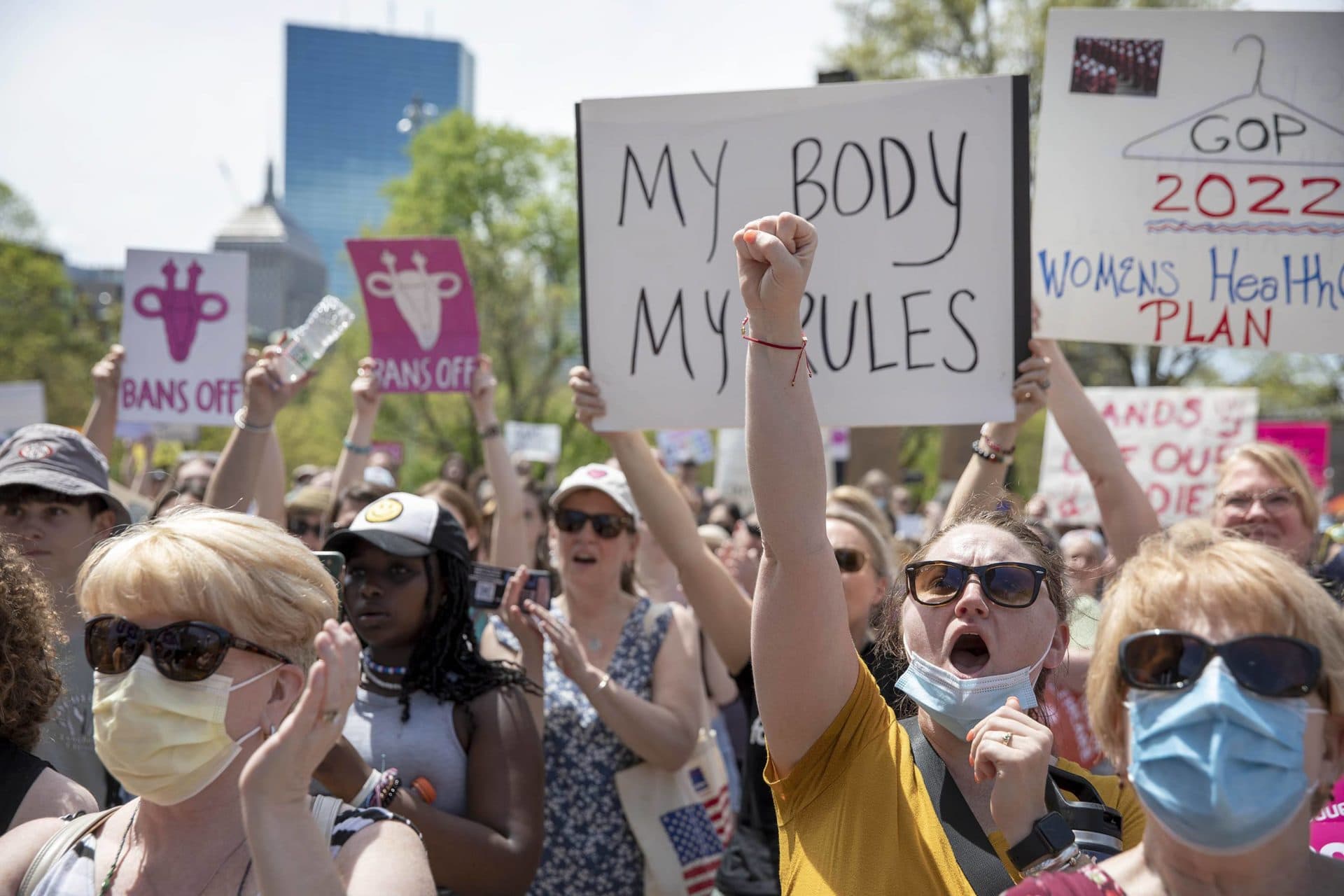 Protesters cheer a speaker at the Bans Off Our Bodies rally on Boston Common. (Robin Lubbock/WBUR)