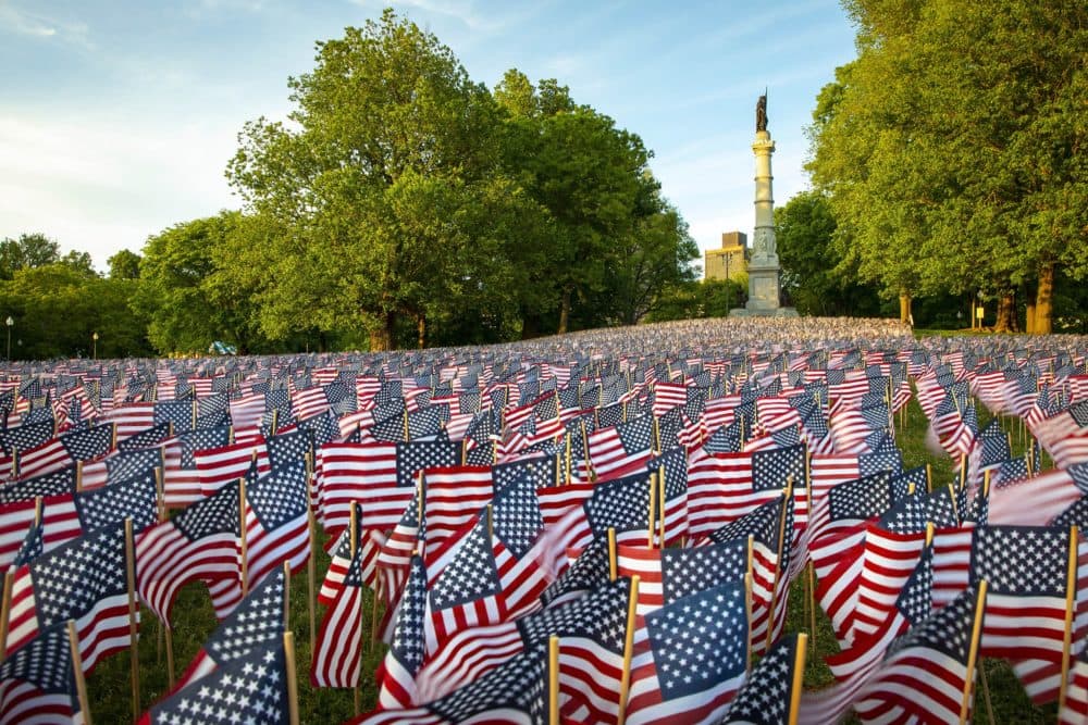 Some of the 37,000 flags planted in memory of fallen Massachusetts service members, flutter in the breeze on Boston Common by the Soldiers and Sailors Monument. (Robin Lubbock/WBUR)